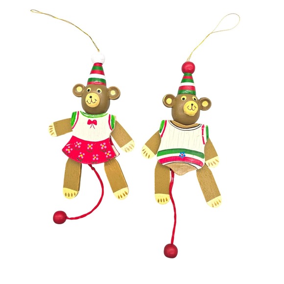 Unbranded Other - Vintage Wooden Bear Jumping Jack Christmas Ornaments Set 2 Pull String Taiwan